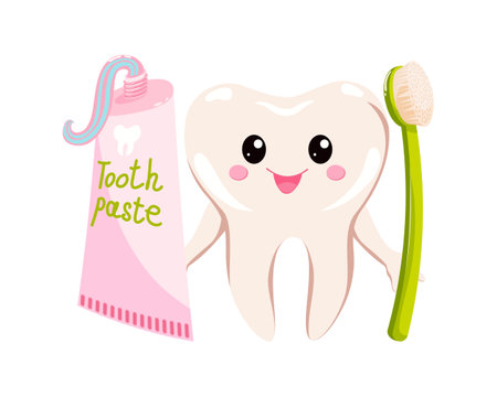 Cartoon healthy tooth with a tube of toothpaste and a toothbrush for pediatric dentistry. Cute dental character for advertising dental care and hygiene for children.のイラスト素材