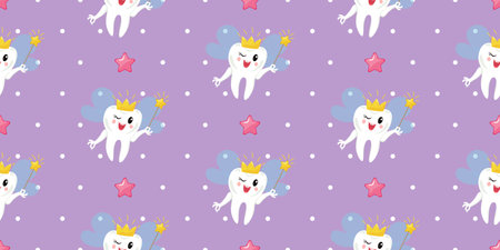 Seamless pattern featuring a cute tooth fairy with a sparkling tiara and a magic wand surrounded by pink stars on a purple polka dot background. Suitable for wallpaper, bedding, wrapping paper.のイラスト素材