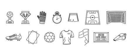 Football icon. Vector set of soccer icons in black and white line style, including trophies, gear, field, and referee equipment.のイラスト素材