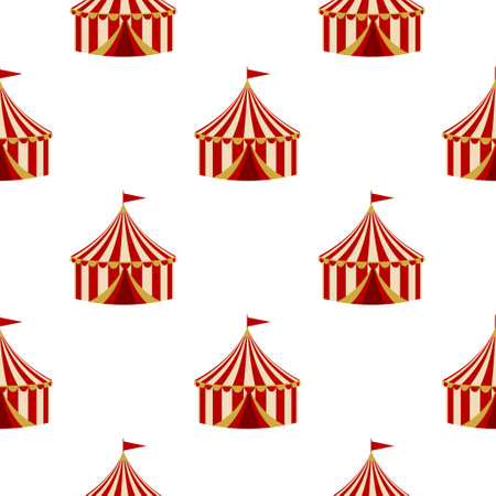 Seamless pattern with a circus tent. A background template with red and yellow striped circus tents with a flag on a white background.のイラスト素材