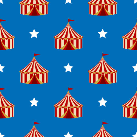 Seamless pattern with circus tent on blue background. Red and yellow striped circus tent and white stars on blue background.のイラスト素材