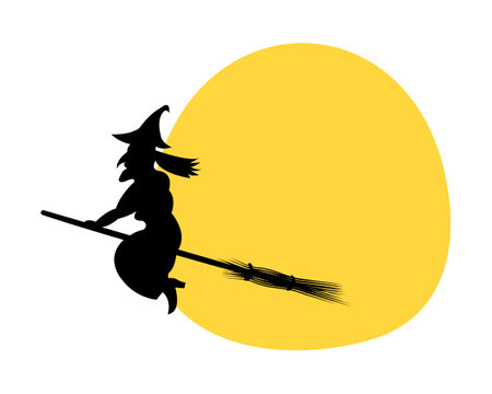 A silhouette of a wicked witch on a broomstick against a yellow moon. Spooky crone witch on All Hallows Eve for Halloween themed project. For holiday invitation, decoration.のイラスト素材