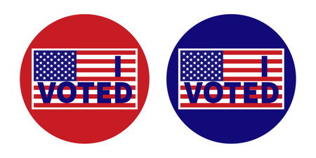 Two circular I Voted badges with American flags, symbolizing participation in U.S. elections. It can be used for election campaign, voting awareness, or civic duty promotion.のイラスト素材