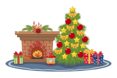 Christmas fireplace with decorated tree, candles, and gift boxes on white background. Holiday celebration and winter season concept for greeting card and print.のイラスト素材