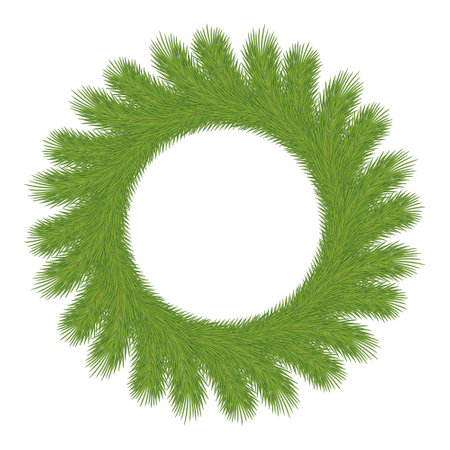 Round green pine needle wreath with natural evergreen branches, perfect for winter holiday decor on white background.のイラスト素材
