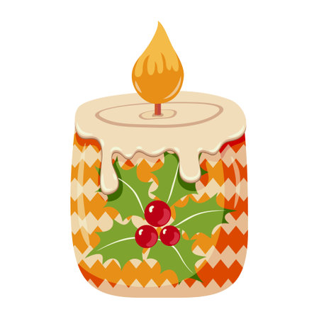 Decorative Christmas candle with holly leaves and berries. Festive wax aromatic candle with melting wax and zigzag striped pattern. Holiday decoration for seasonal themes.のイラスト素材