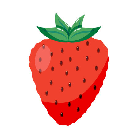 Red strawberry with green leaves and seeds on white background. Fresh fruit and healthy eating concept. Design for poster, card, banner and print.のイラスト素材