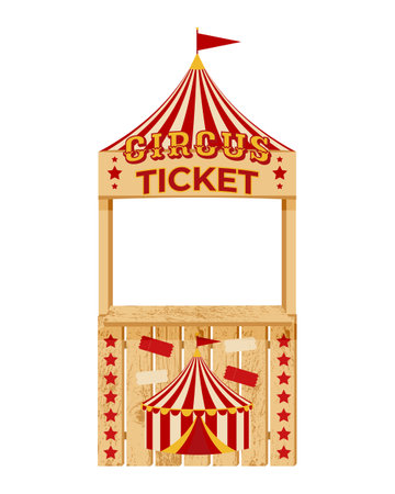 Wooden circus ticket booth with red and beige striped tent design and flag. Selling tickets for the upcoming circus show.のイラスト素材