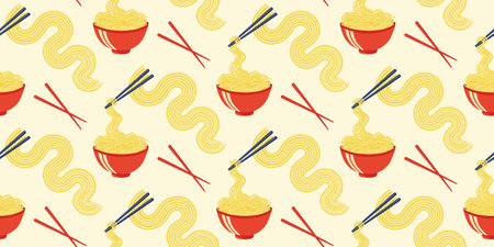 Pattern of Bowl Noodles and Chopsticks. Seamless pattern of ramen noodles with chopsticks lifting noodles from red bowl. For wallpaper, fabric, wrapping paper.のイラスト素材