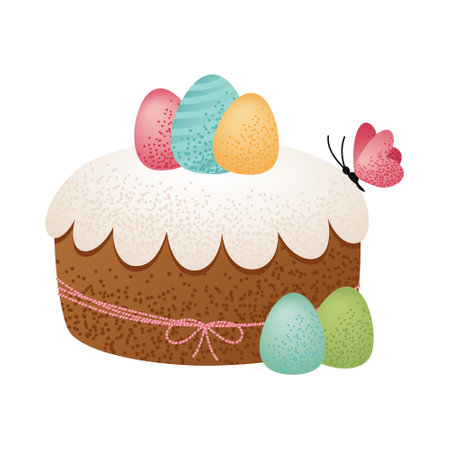 Easter Cake with Speckled Eggs. Holiday Easter dessert with icing, decorated with colorful eggs and a pink butterfly isolated on white background. For greeting card, invitation, poster, print.のイラスト素材