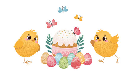 Two yellow chicks near Easter cake and decorated eggs with butterflies flying above. Cute cartoon illustration. Easter celebration and holiday design for greeting card and postcard.のイラスト素材