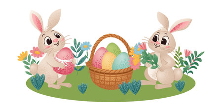 Two cute bunnies celebrating easter, holding a decorated egg and a bouquet of spring flowers, with a basket full of colorful eggs.のイラスト素材