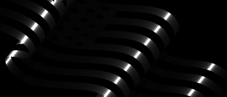 Stylized metallic American flag waving on black, with stars and stripes in sleek, reflective silver tones.のイラスト素材