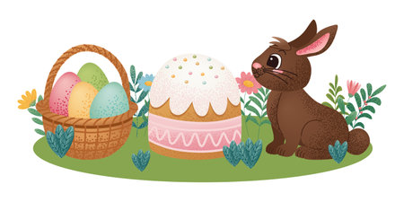 Chocolate rabbit sitting next to an Easter cake and a basket of colorful eggs on green grass with flowers. Cute cartoon holiday illustration. Easter celebration design for greeting card and print.のイラスト素材