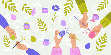Hands painting Easter eggs with brushes surrounded by leaves, flowers and paint jars. Flat vector illustration. Spring Easter celebration. Design for banner, posterのイラスト素材