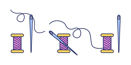 Needles and spools of thread in colorful linear style. Flat vector illustration for sewing and tailoring. Craft and handmade concept. Design for sticker, print.のイラスト素材