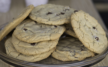 Home made chocolate chips cookies. Close up.