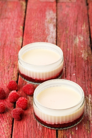 Lemon possets with raspberries on a red wooden backgroundの写真素材