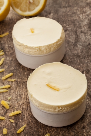 creamy lemon souffle on a wooden backgroundの写真素材