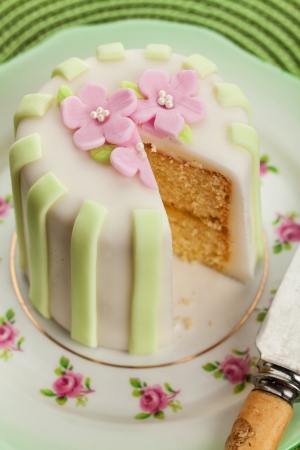 Luxury decorated mini cake with pink petals on a green backgroundの写真素材
