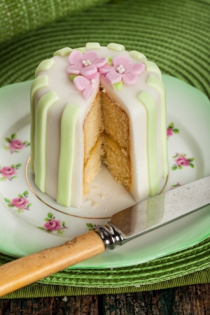Luxury decorated mini cake with pink petals on a green backgroundの写真素材