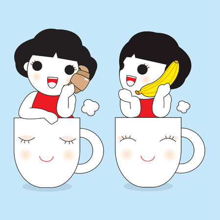 Morning Talk With Coffee Croissant And Banana Card Character illustrationのイラスト素材