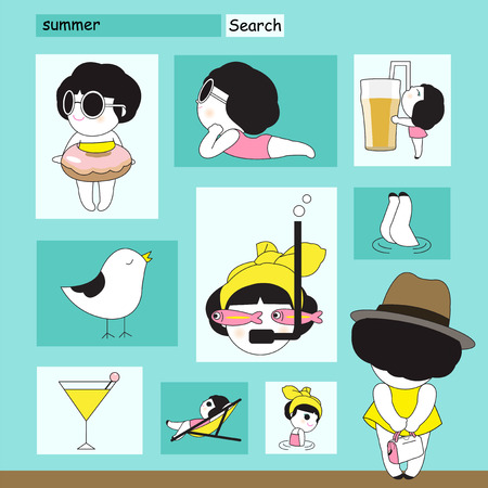 female, cartoon, character, girl, woman, lady, little, cute, style, drawing, kid, child, happy, poster, search, memory, concept, travel, relax, leisure, summer, time, happiness, ring, hoop, air, drink, moment, stand, watch, look, wall, yellow, bird, tweetのイラスト素材