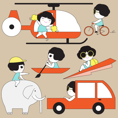 Cute Transportation Icon Character illustrationのイラスト素材
