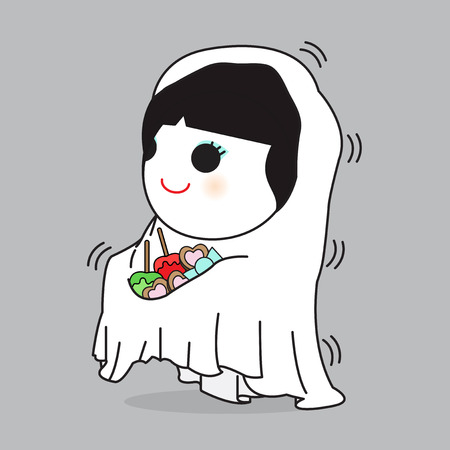 Halloween Trick Or Treat And A Cute Girl In Ghost Costume Card Character illustrationのイラスト素材