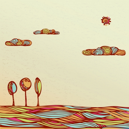 Ethnic background  Illustration with trees on the field and the sunのイラスト素材