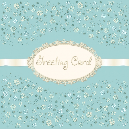 Vintage romantic blue greeting card with flowers, ribbon and text frameのイラスト素材