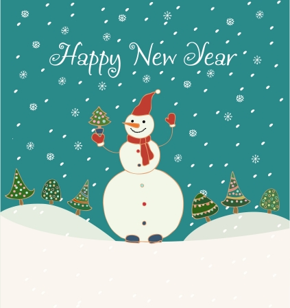 Hand drawn background with snowman, decorated fir trees, snowflakes and sample text  Template for design and decoration のイラスト素材