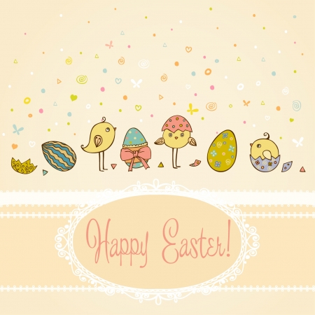 Text background with hand drawn cute illustration for Easter greeting with colorful ornamental eggs and little chicken and place for your text  Template for design and scrapbooking のイラスト素材