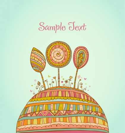 Ornate curly colorful flowers and trees with decorative hearts and butterflies  Hand drawn illustration and place for your text  Template for greeting card and scrapbooking のイラスト素材