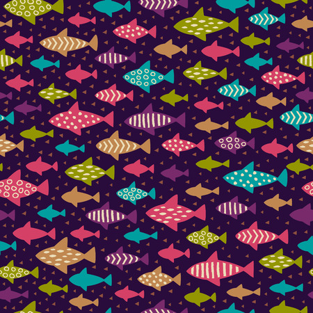 Bright hand drawn seamless background with fishes. Endless doodle pattern. Template for design fabric, covers, package, wrapping paper, wear, accessories, bagsのイラスト素材