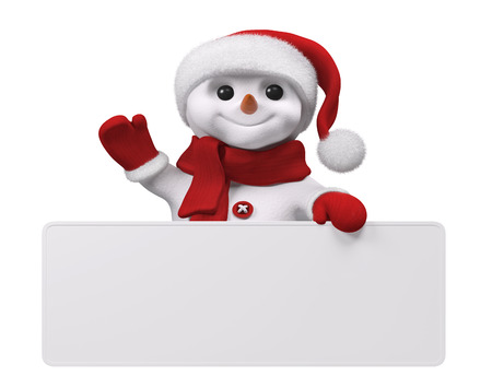 Smiling snowman with red santa hat holding blank poster isolated over white 3d renderingの写真素材