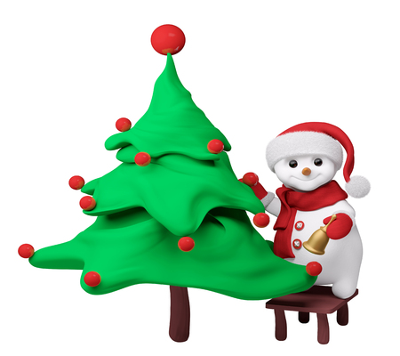 Smiling snowman with new year tree and  bell in  hand isolated 3d renderingの写真素材
