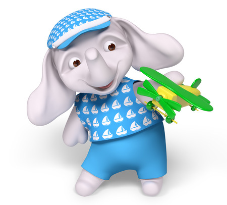 Joyful elephant kid character playing with airplane toy 3d renderの写真素材