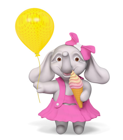 Baby elephant holding icecream and balloon isolated  3d renderingの写真素材