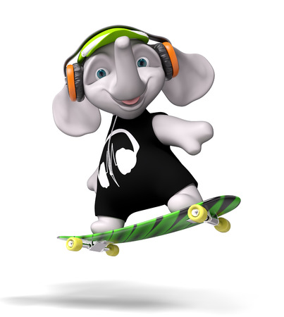 Teenager boy elephant with headphones skateboarding isolated 3d renderの写真素材