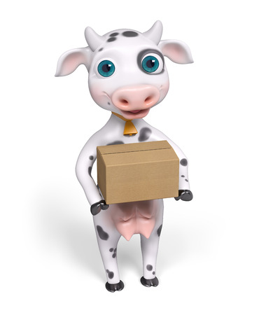 Cartoon character cow, holds carton box in hands isolated, 3d renderingの写真素材