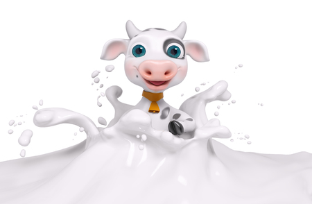 Funny 3d character cartoon cow in milk splash  isolated 3d renderingの写真素材