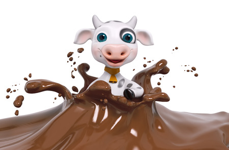 Funny 3d character cartoon cow in chocolate splash  isolated 3d renderingの写真素材