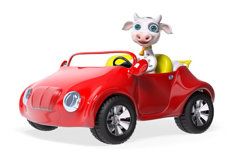 Cow character driving car isolated 3d renderingの写真素材