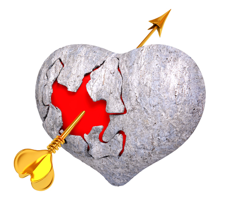  Broken stone heart with red inside it, and Cupid's arrow, isolated 3d renderingの写真素材