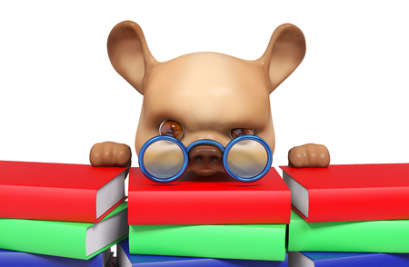 Cartoon funny dog character peeks out stacks of books isolated 3d renderingの写真素材