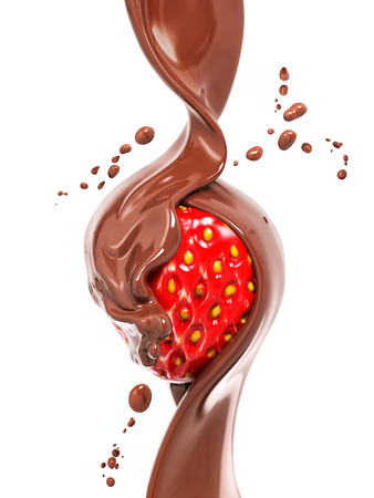 Strawberry in splashing chocolate, abstract background dessert, illustration food, isolated 3d rendering の写真素材