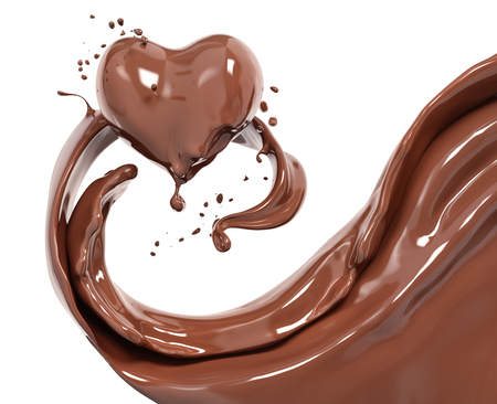 Splash chocolate abstract background, chocolate heart isolated 3d renderingの写真素材