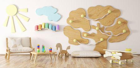 Interior of children room with armchair and playground 3d renderingの写真素材