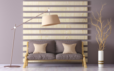 Interior design of modern living room with sofa, floor lamp, 3d renderingの写真素材